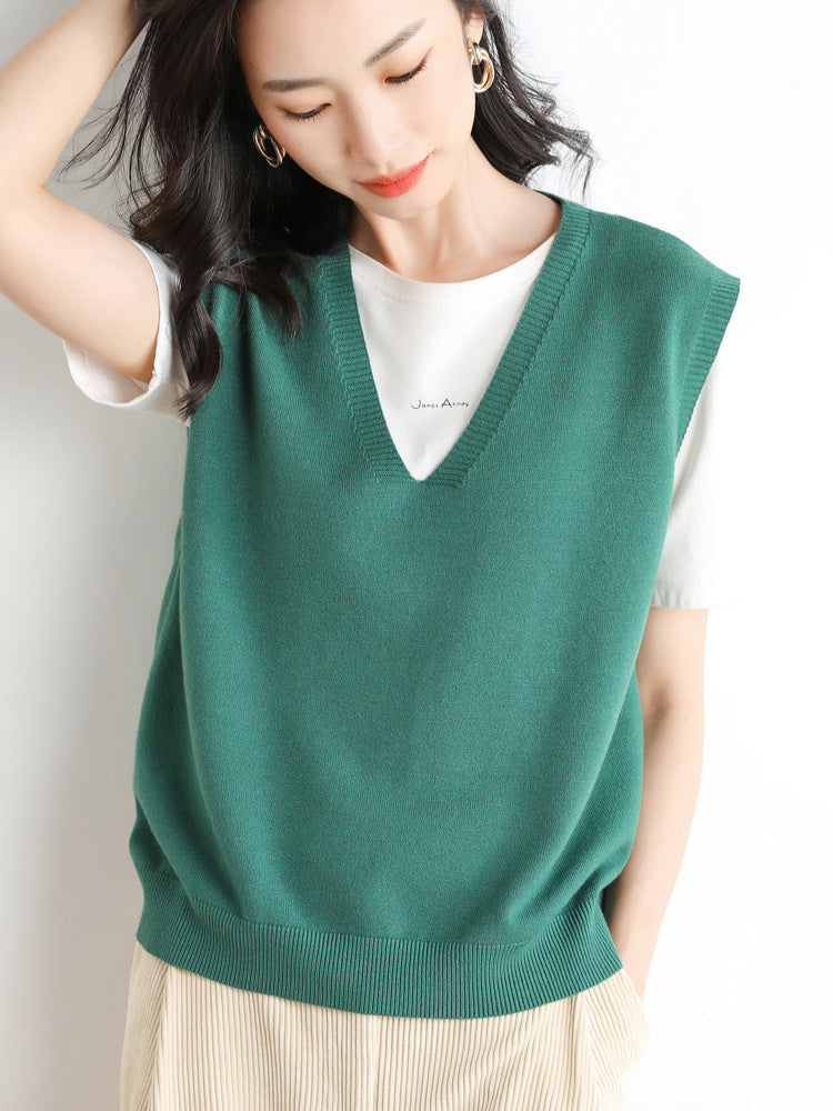 Chaleco de punto fino oversize con cuello de pico y dobladillo acanalado para mujer