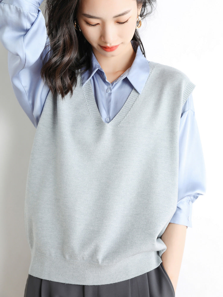 Chaleco de punto fino oversize con cuello de pico y dobladillo acanalado para mujer