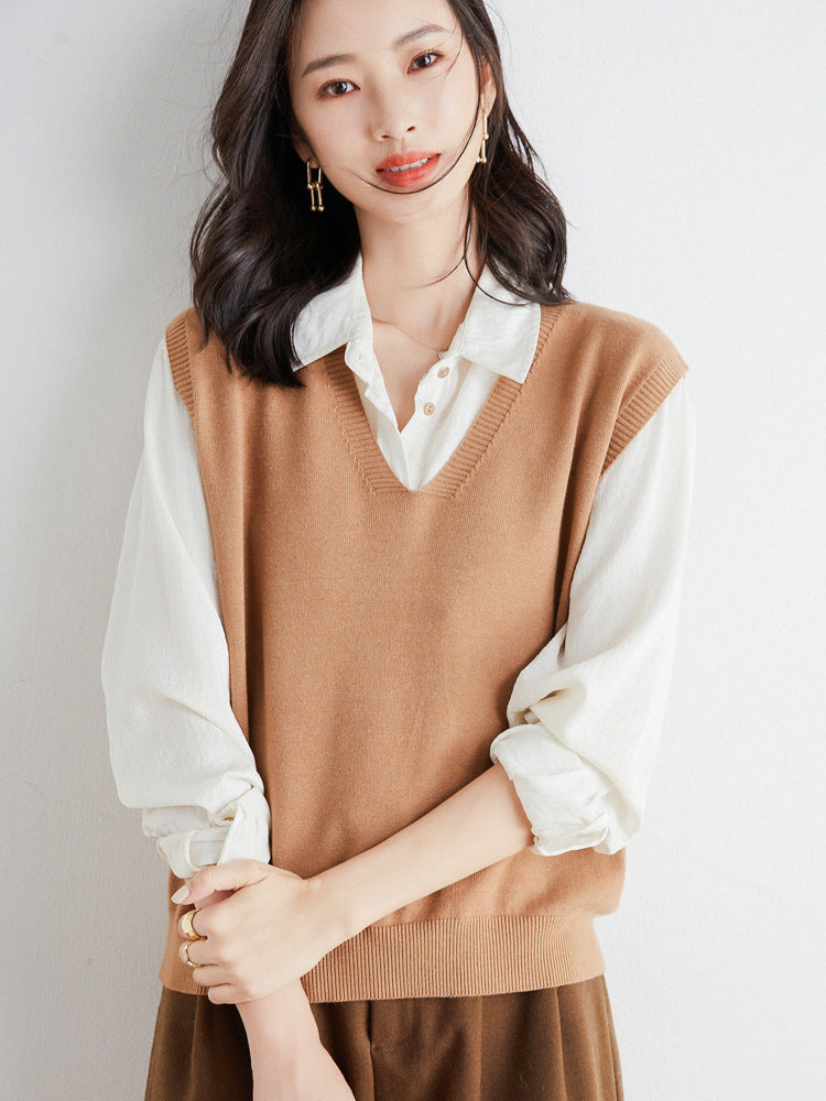 Chaleco de punto fino oversize con cuello de pico y dobladillo acanalado para mujer