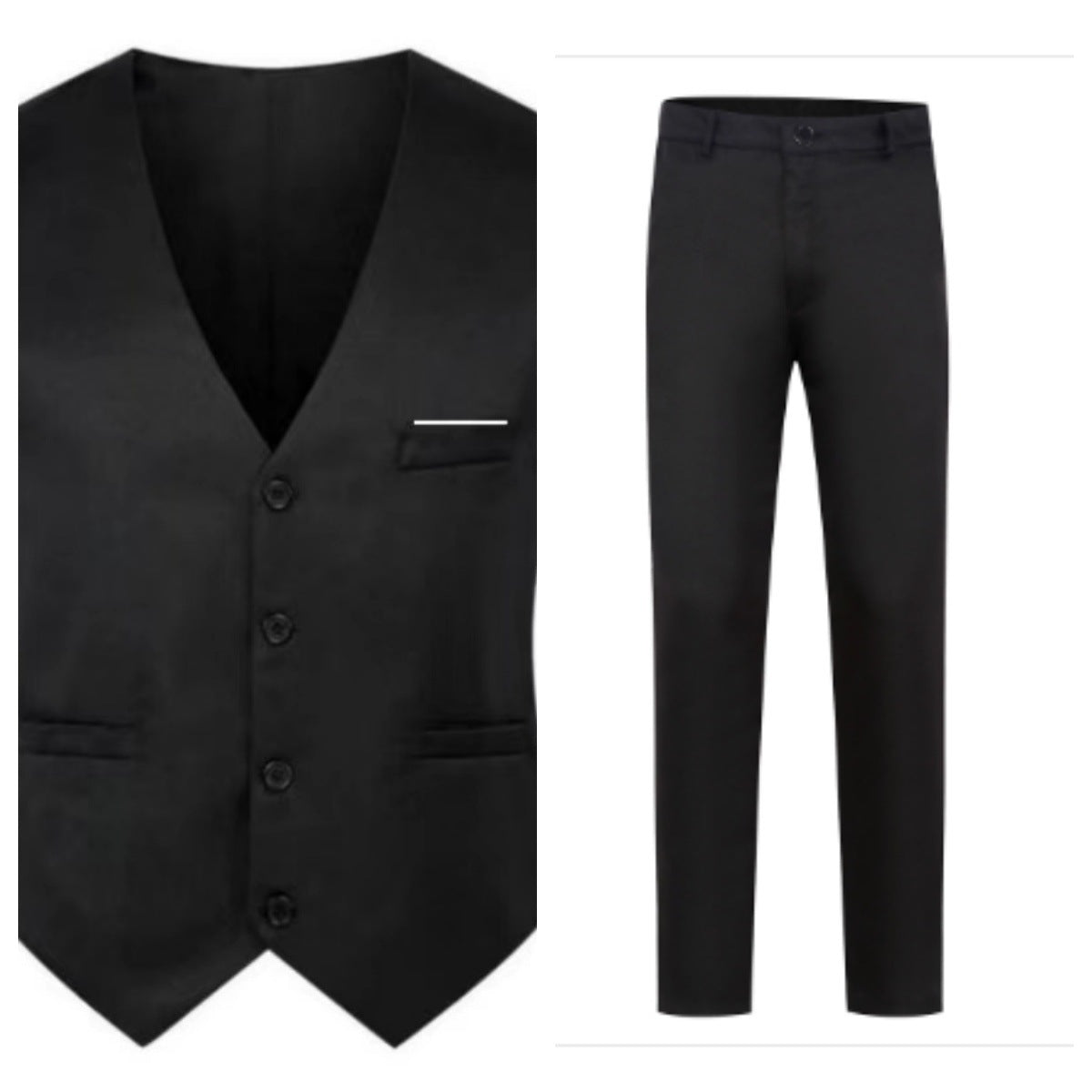 Chaleco elegante de satén con cuello en V y pantalón de traje slim fit para hombre