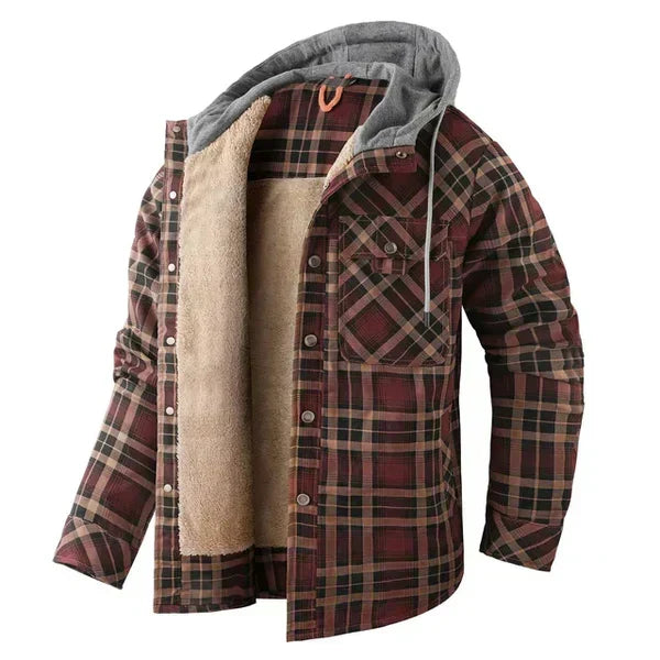 Chaqueta a cuadros con capucha y forro de sherpa para hombre