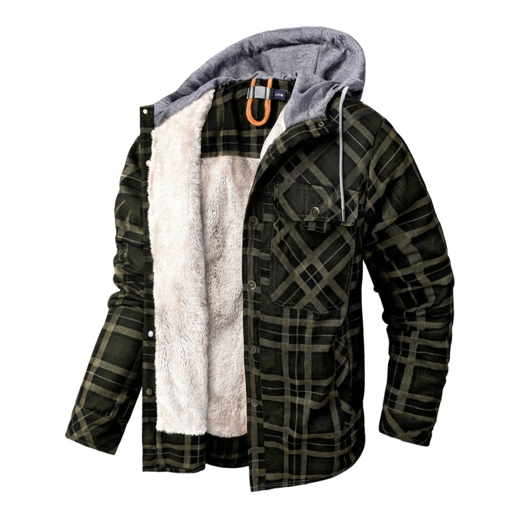 Chaqueta a cuadros con capucha y forro de sherpa para hombre
