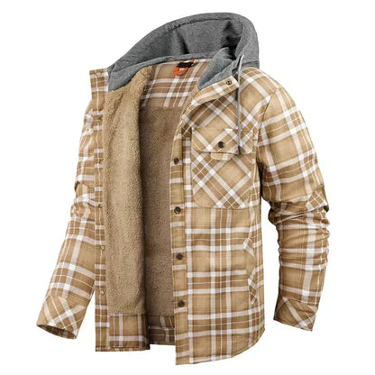 Chaqueta a cuadros con capucha y forro de sherpa para hombre