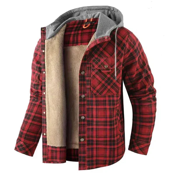 Chaqueta a cuadros con capucha y forro de sherpa para hombre