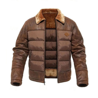 Chaqueta acolchada de invierno para hombre de cuero sintético con cuello de sherpa y aislamiento térmico