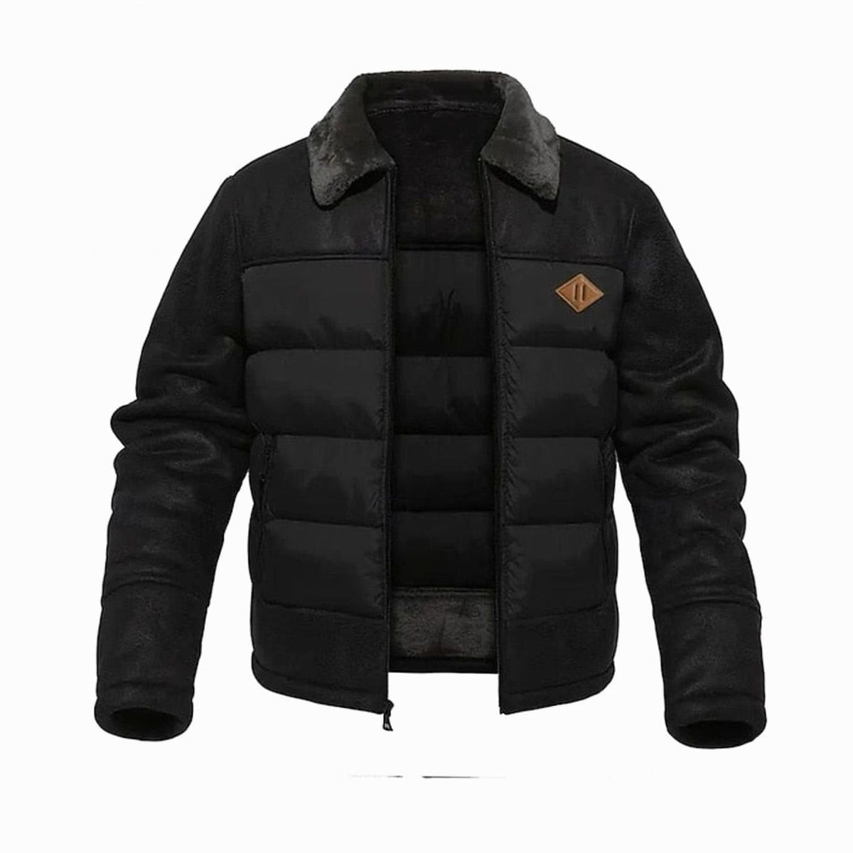 Chaqueta acolchada de invierno para hombre de cuero sintético con cuello de sherpa y aislamiento térmico