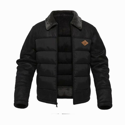 Chaqueta acolchada de invierno para hombre de cuero sintético con cuello de sherpa y aislamiento térmico