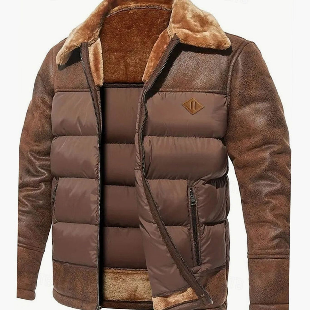 Chaqueta acolchada de invierno para hombre de cuero sintético con cuello de sherpa y aislamiento térmico