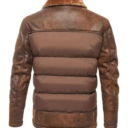 Chaqueta acolchada de invierno para hombre de cuero sintético con cuello de sherpa y aislamiento térmico
