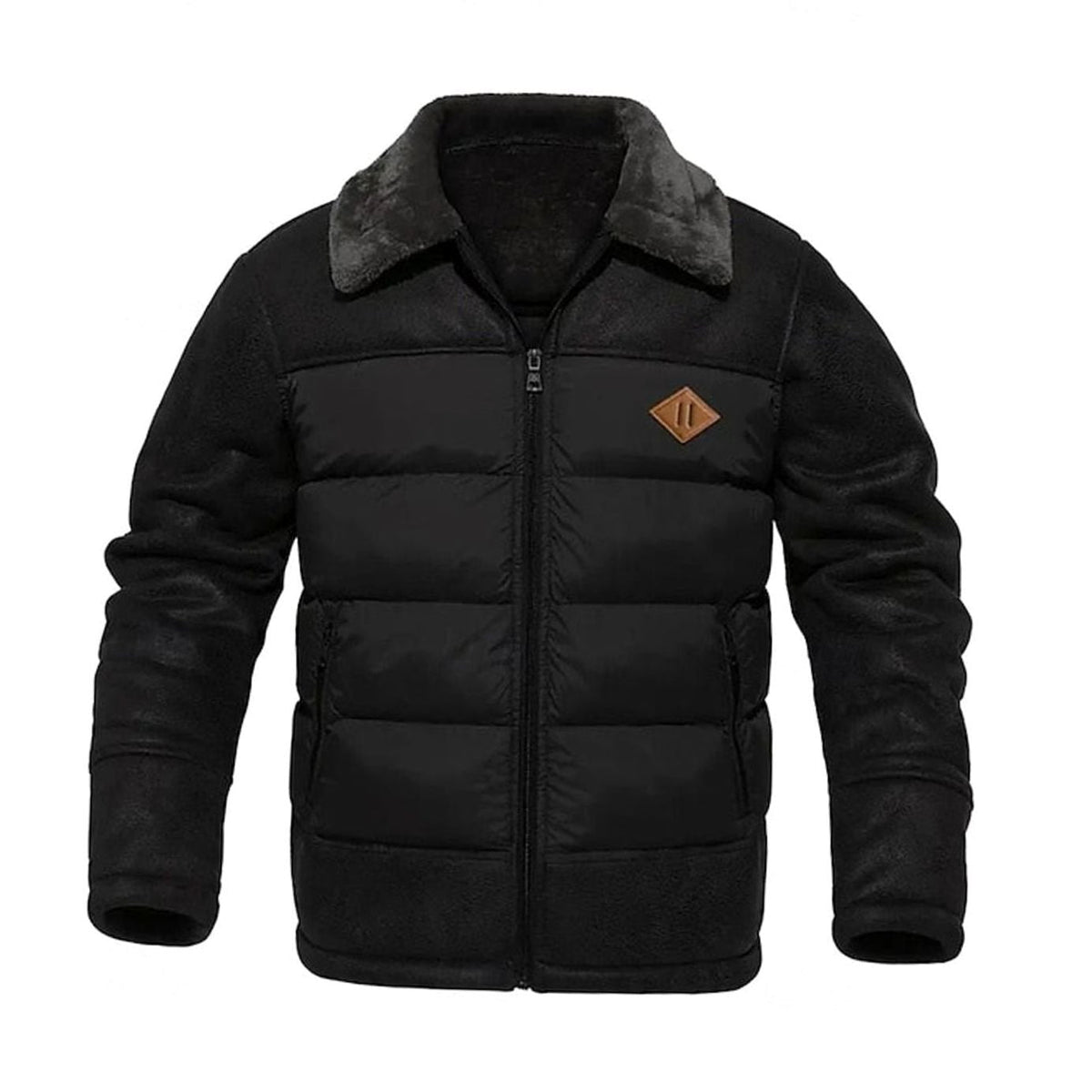Chaqueta acolchada de invierno para hombre de cuero sintético con cuello de sherpa y aislamiento térmico