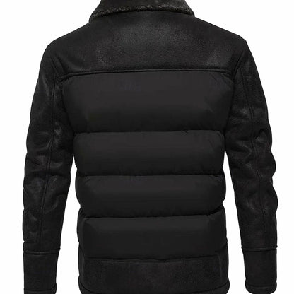 Chaqueta acolchada de invierno para hombre de cuero sintético con cuello de sherpa y aislamiento térmico