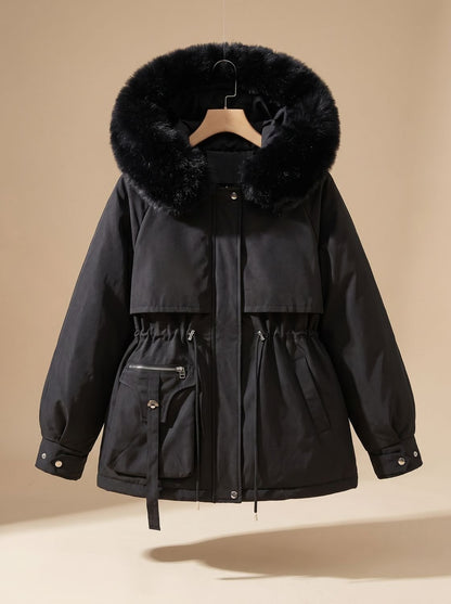 Chaqueta acolchada elegante para mujer con capucha de pelo sintético y cordón ajustable