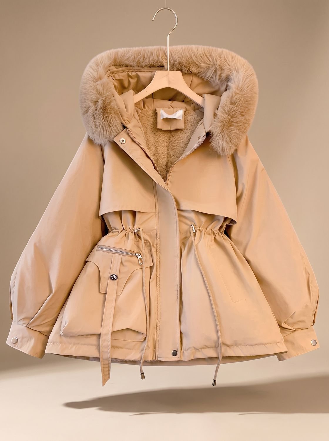 Chaqueta acolchada elegante para mujer con capucha de pelo sintético y cordón ajustable