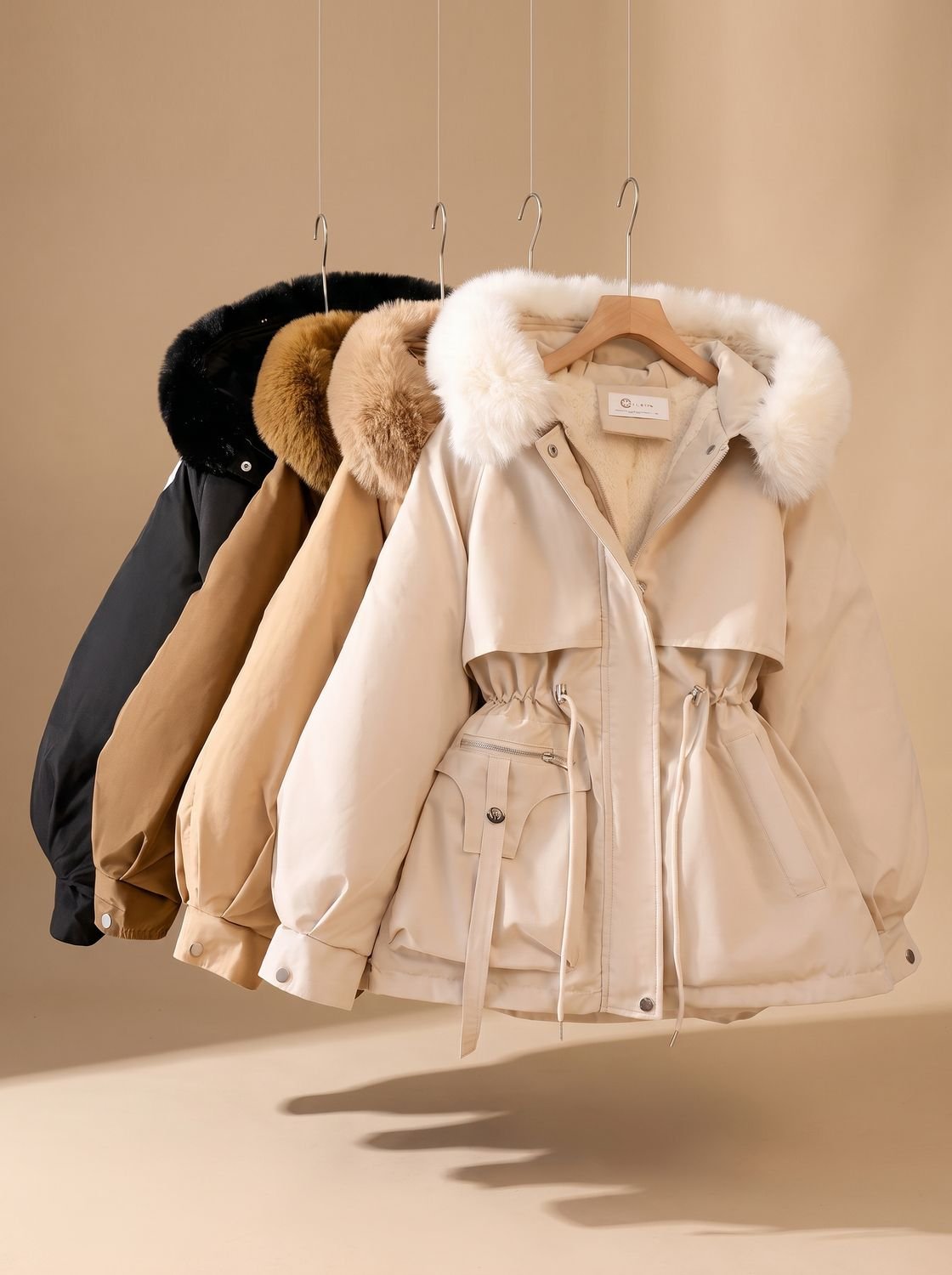 Chaqueta acolchada elegante para mujer con capucha de pelo sintético y cordón ajustable