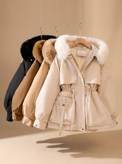 Chaqueta acolchada elegante para mujer con capucha de pelo sintético y cordón ajustable