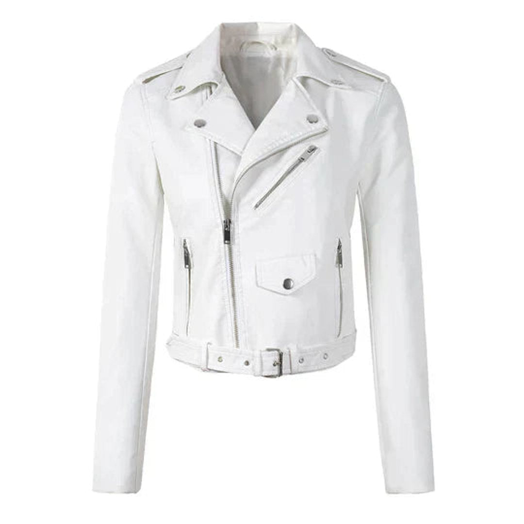 Chaqueta biker corta de piel sintética con cremallera para mujer
