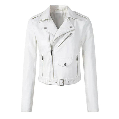 Chaqueta biker corta de piel sintética con cremallera para mujer