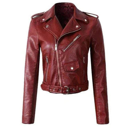 Chaqueta biker corta de piel sintética con cremallera para mujer