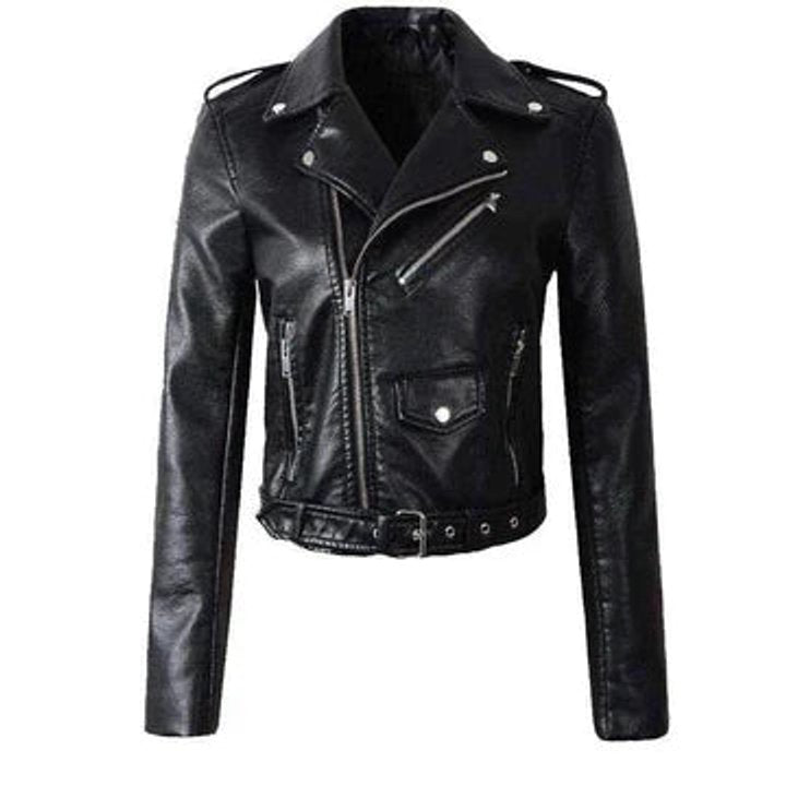 Chaqueta biker corta de piel sintética con cremallera para mujer