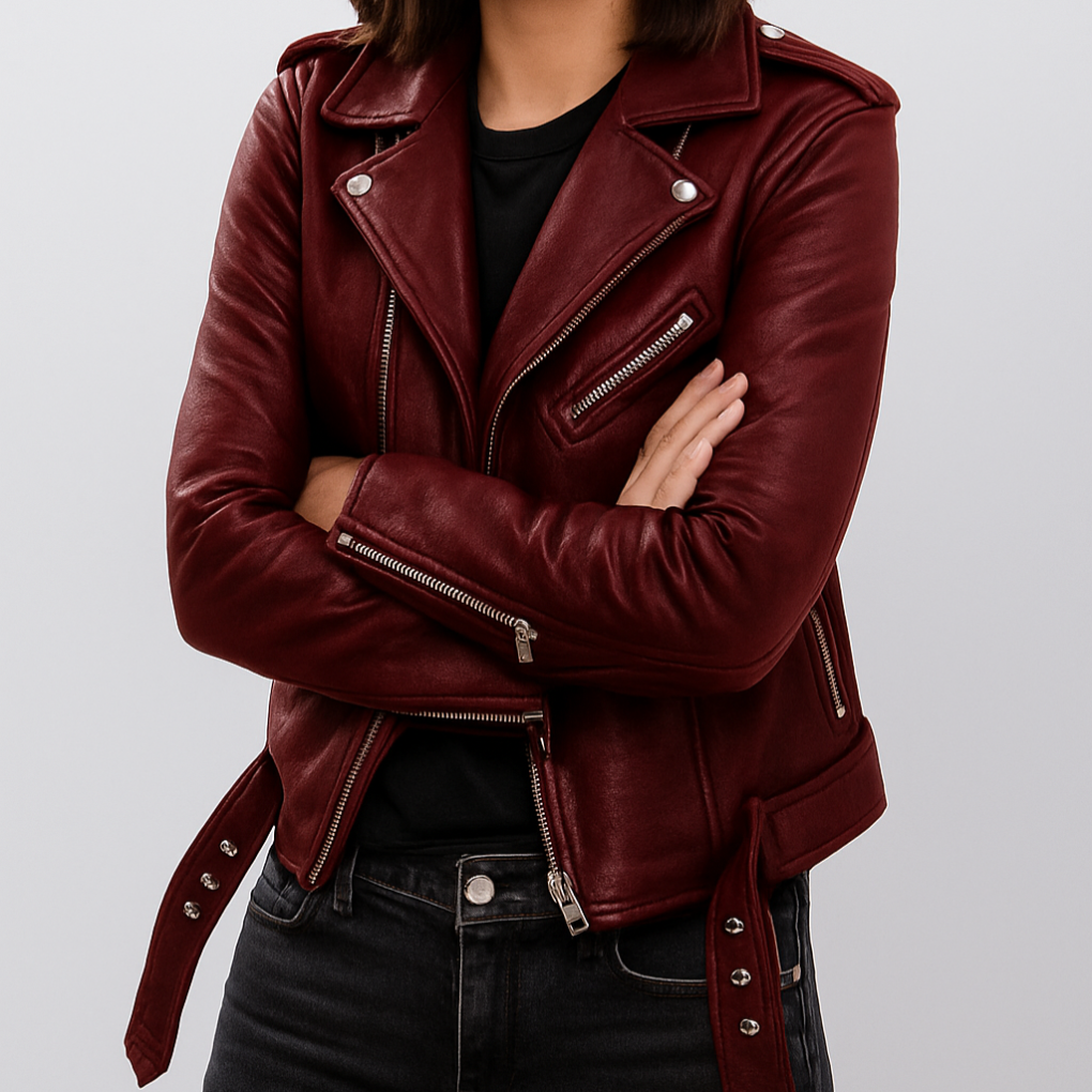 Chaqueta biker de cuero sintético PU entallada para mujer