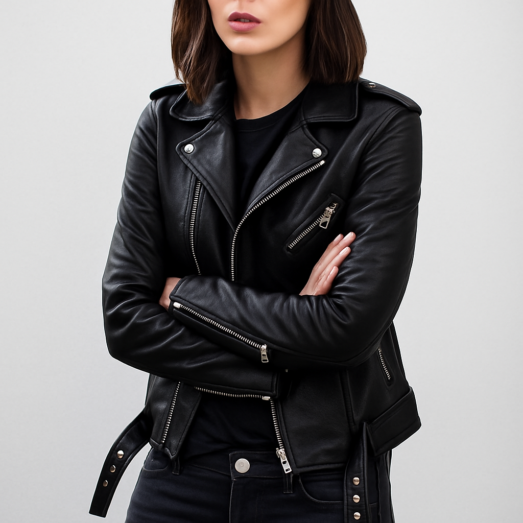 Chaqueta biker de cuero sintético PU entallada para mujer