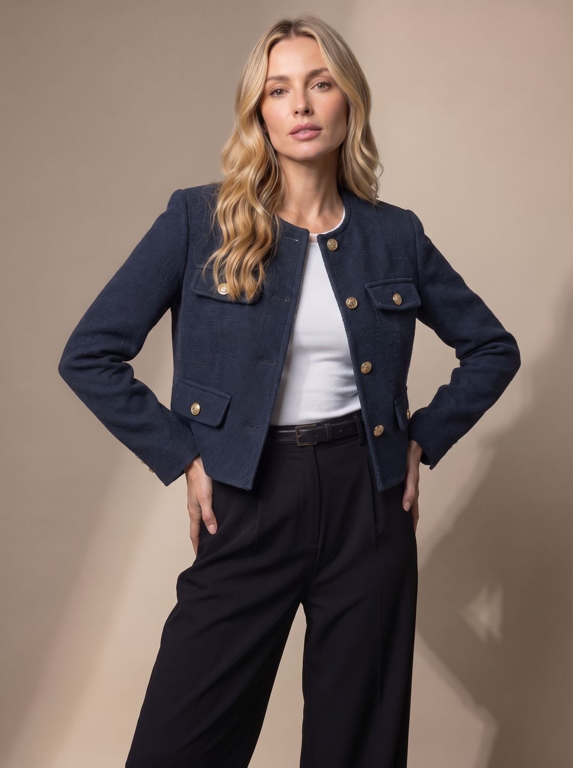 Chaqueta blazer cropped de tweed para mujer sin cuello con botones dorados y bolsillos con solapa