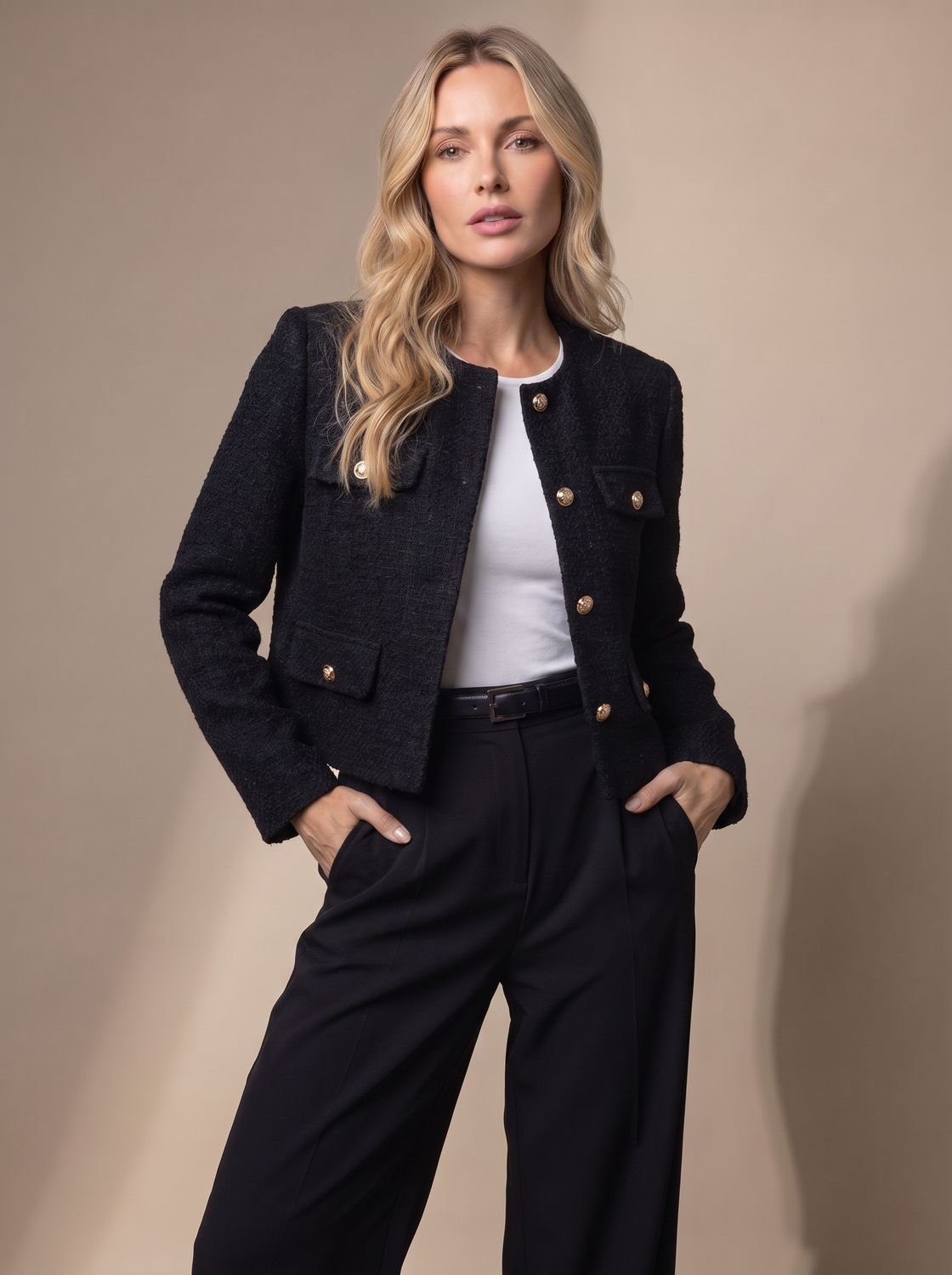 Chaqueta blazer cropped de tweed para mujer sin cuello con botones dorados y bolsillos con solapa