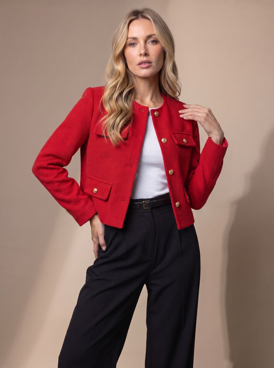 Chaqueta blazer cropped de tweed para mujer sin cuello con botones dorados y bolsillos con solapa