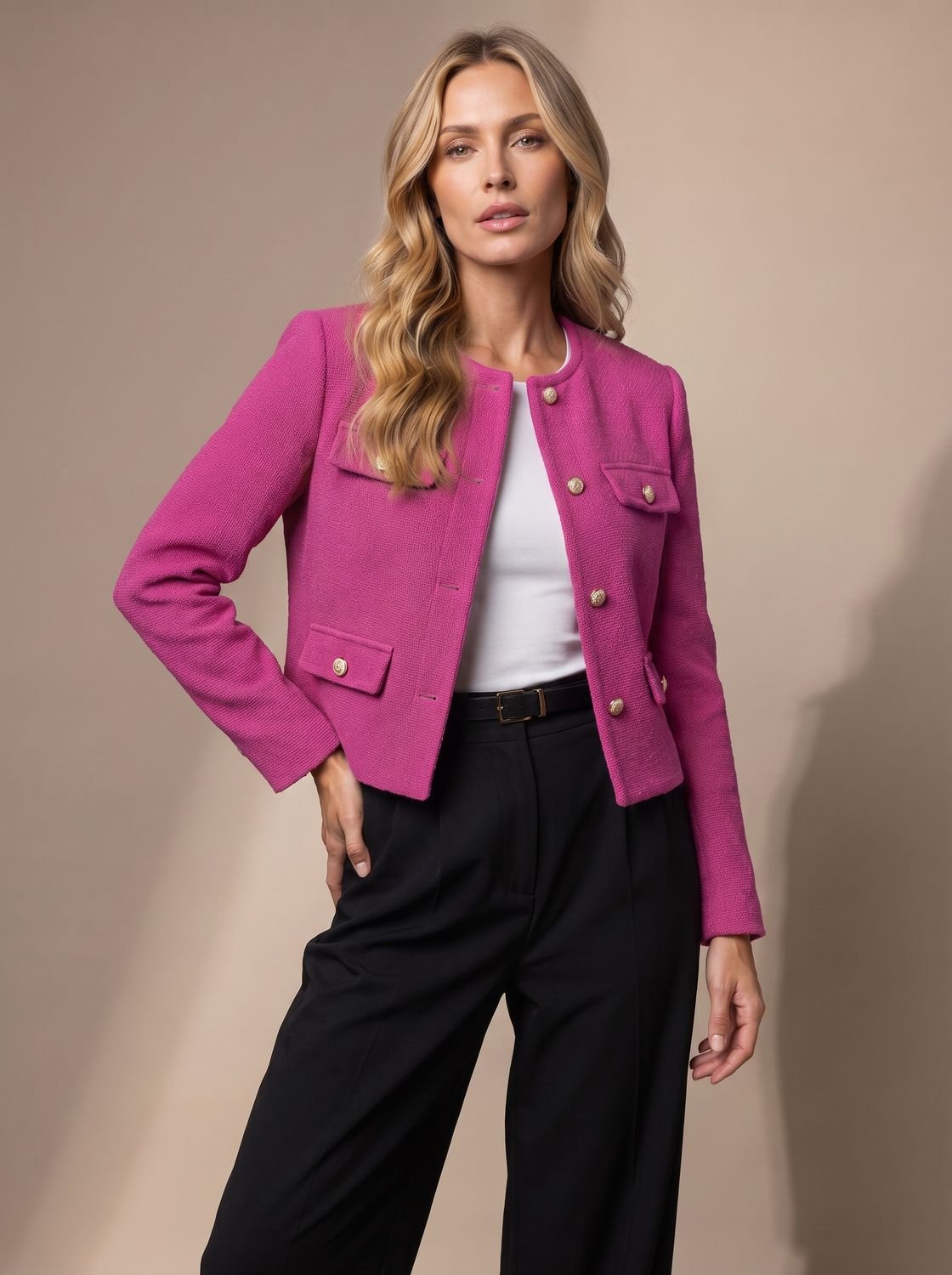 Chaqueta blazer cropped de tweed para mujer sin cuello con botones dorados y bolsillos con solapa
