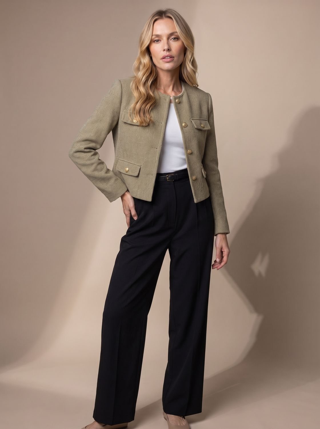 Chaqueta blazer cropped de tweed para mujer sin cuello con botones dorados y bolsillos con solapa