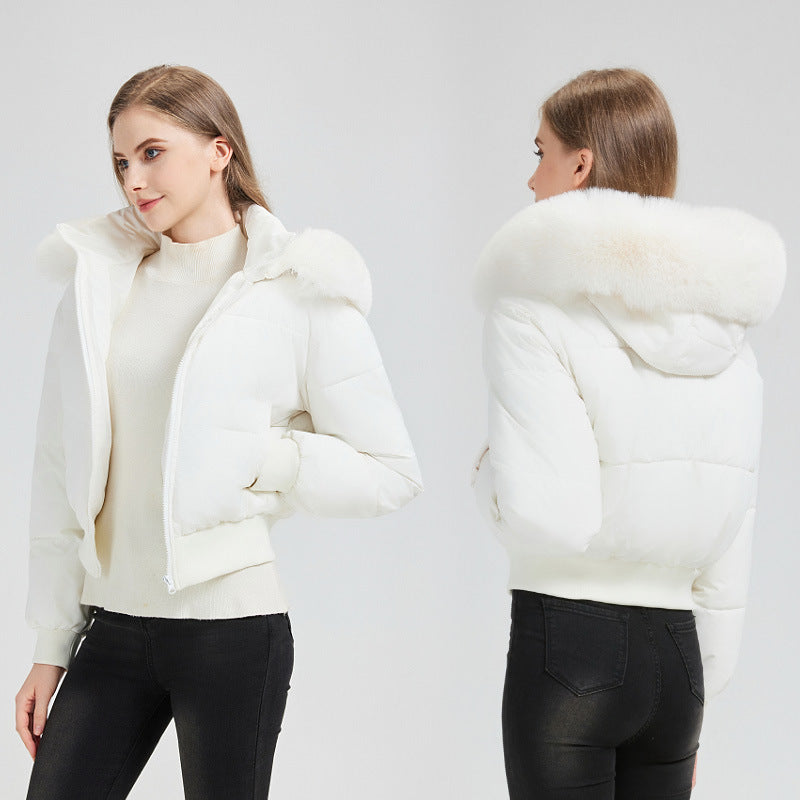 Chaqueta bomber acolchada corta para mujer con capucha y cuello de pelo sintético extraíble