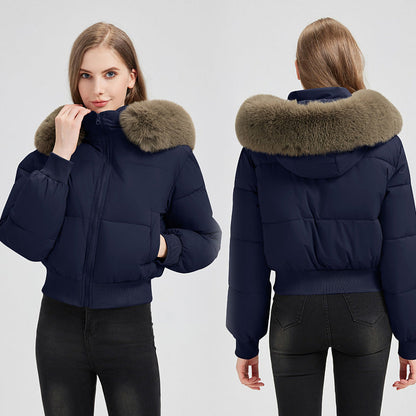 Chaqueta bomber acolchada corta para mujer con capucha y cuello de pelo sintético extraíble