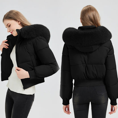 Chaqueta bomber acolchada corta para mujer con capucha y cuello de pelo sintético extraíble