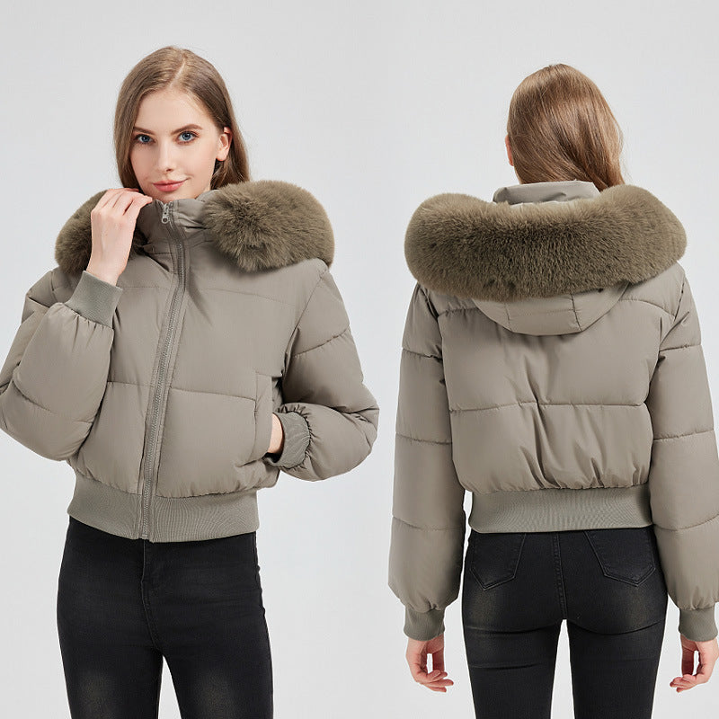 Chaqueta bomber acolchada corta para mujer con capucha y cuello de pelo sintético extraíble