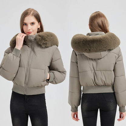 Chaqueta bomber acolchada corta para mujer con capucha y cuello de pelo sintético extraíble