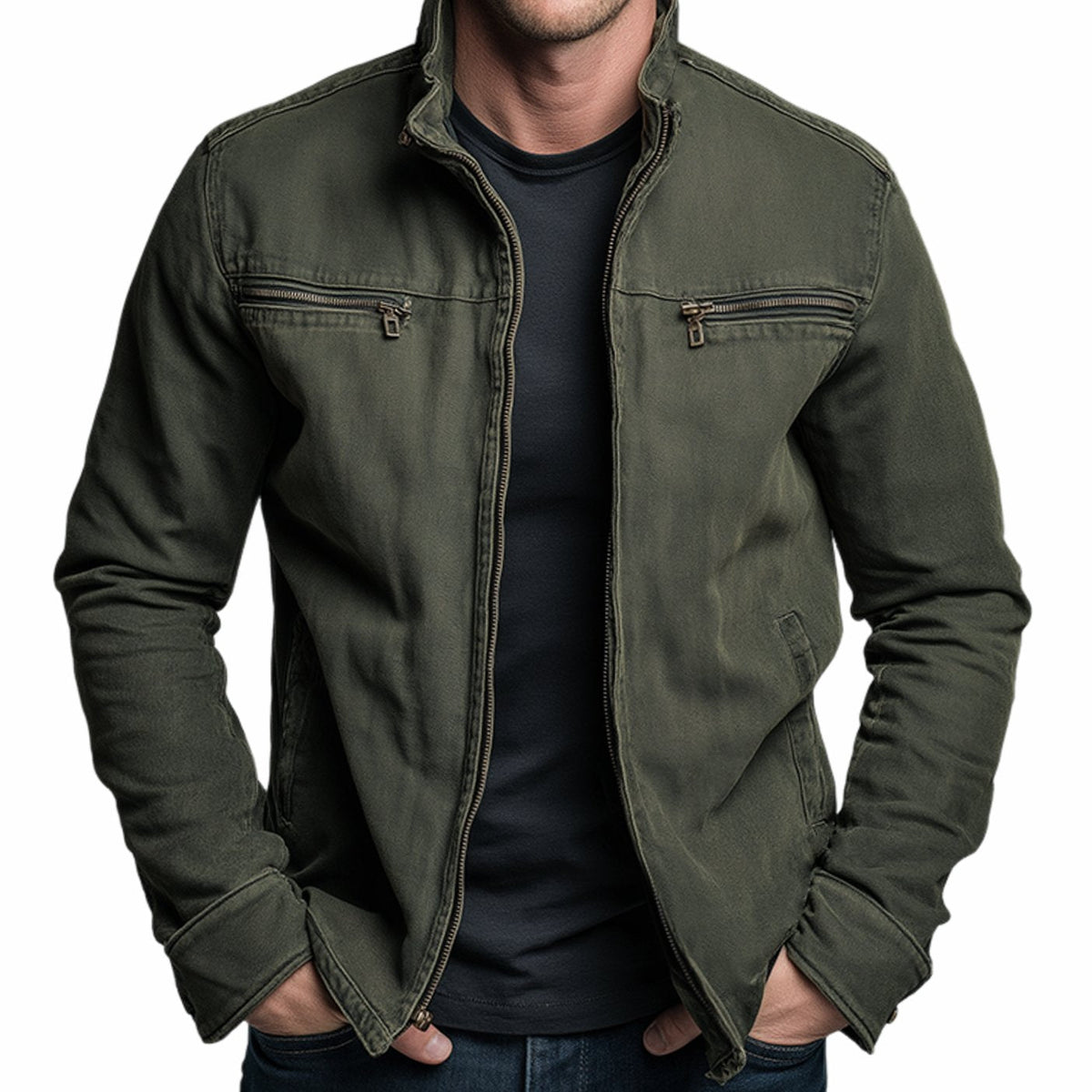 Chaqueta bomber ajustada para hombre con cuello alto y cremallera completa