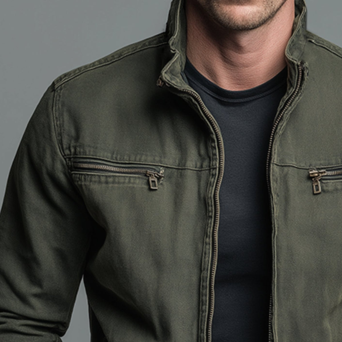 Chaqueta bomber ajustada para hombre con cuello alto y cremallera completa