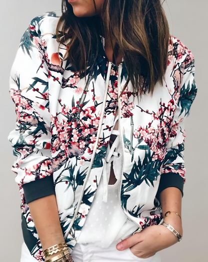 Chaqueta bomber floral con cremallera para mujer
