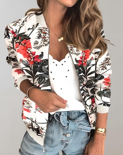 Chaqueta bomber floral con cremallera para mujer