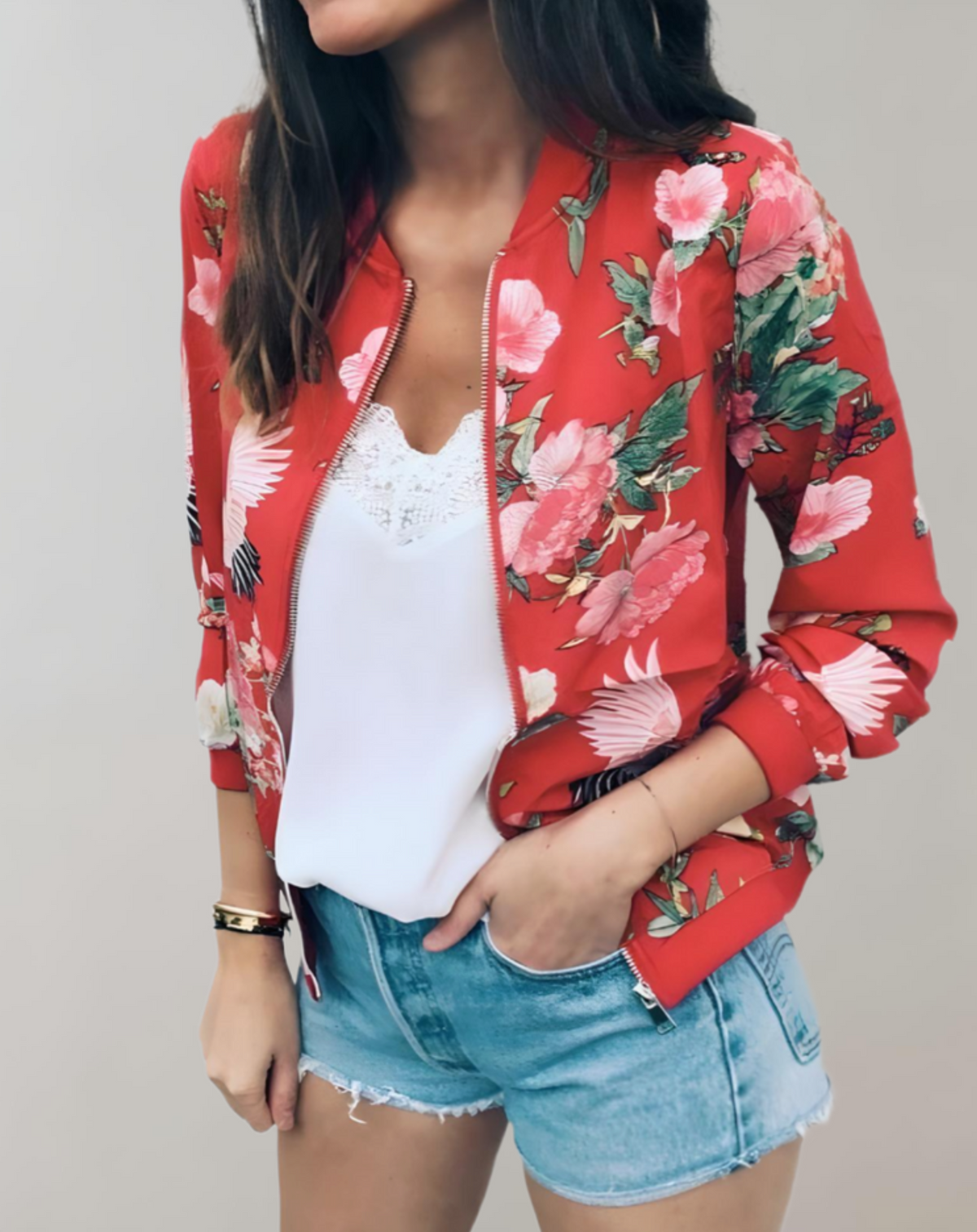 Chaqueta bomber floral con cremallera para mujer