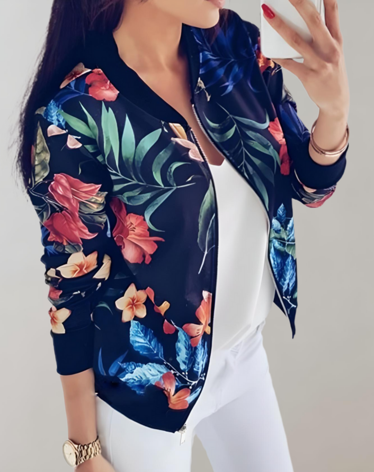 Chaqueta bomber floral con cremallera para mujer
