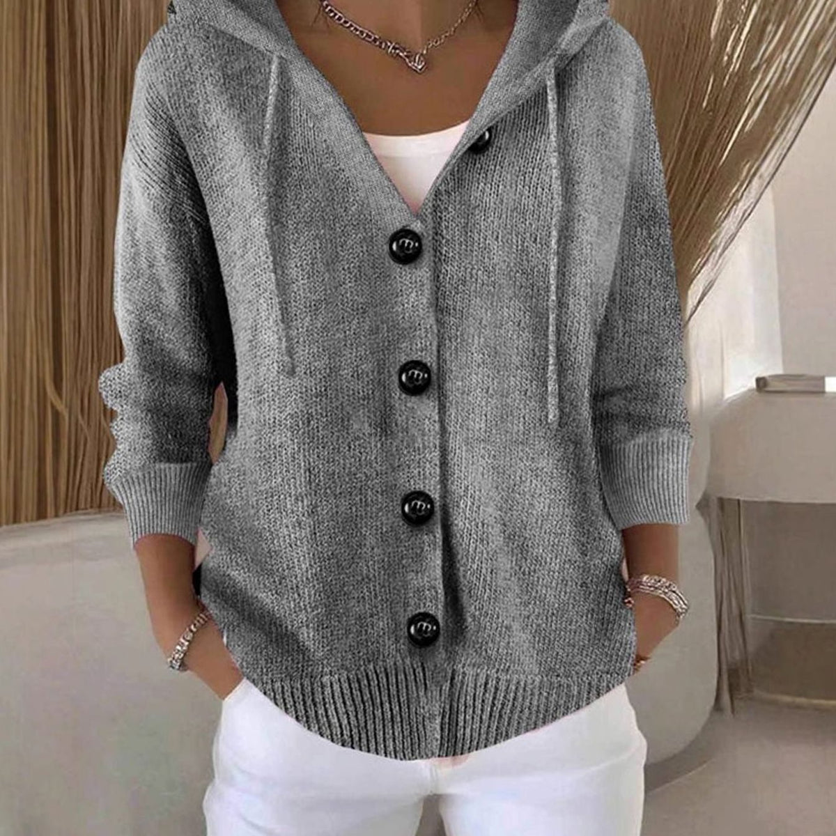 Chaqueta cárdigan de punto oversize con capucha y botones para mujer