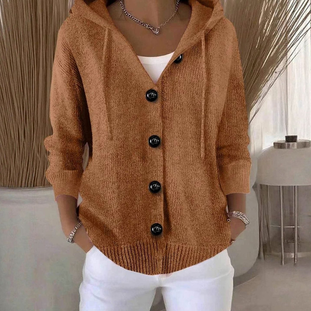 Chaqueta cárdigan de punto oversize con capucha y botones para mujer