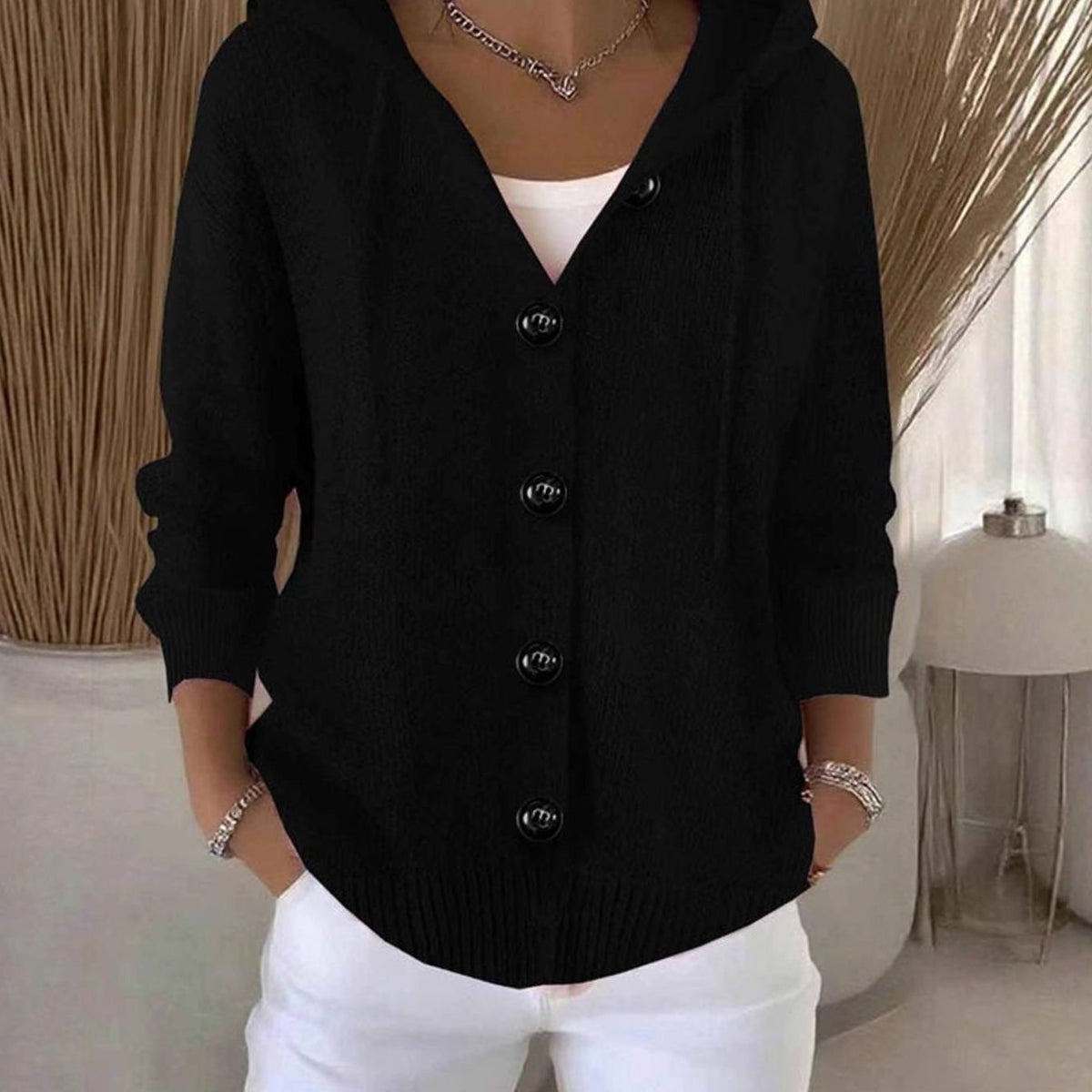 Chaqueta cárdigan de punto oversize con capucha y botones para mujer