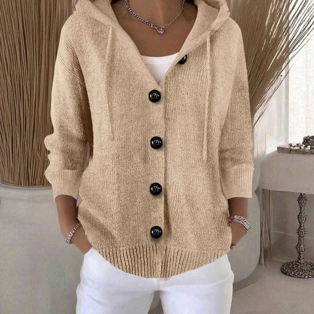 Chaqueta cárdigan de punto oversize con capucha y botones para mujer