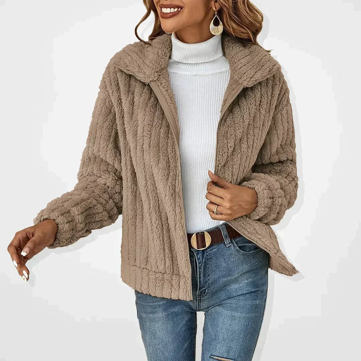 Chaqueta cárdigan de sherpa suave con cremallera para mujer corte oversized