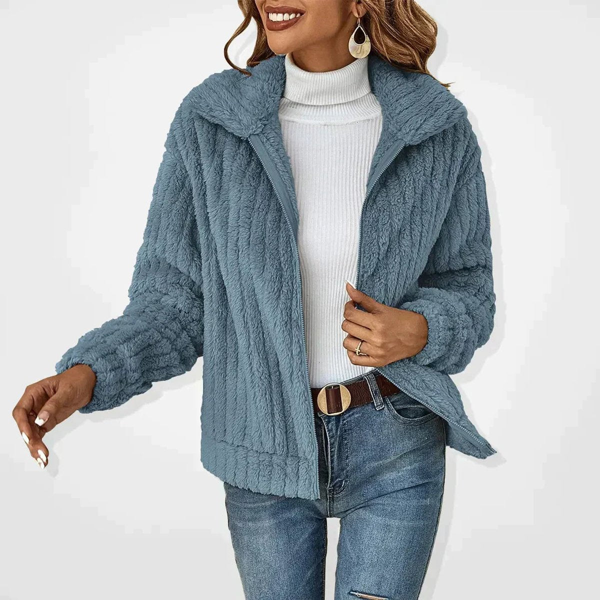 Chaqueta cárdigan de sherpa suave con cremallera para mujer corte oversized