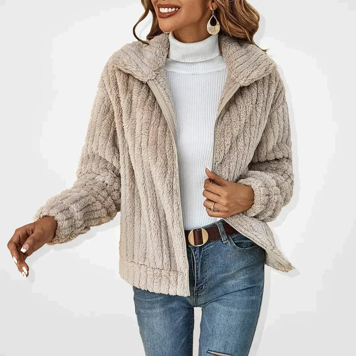 Chaqueta cárdigan de sherpa suave con cremallera para mujer corte oversized