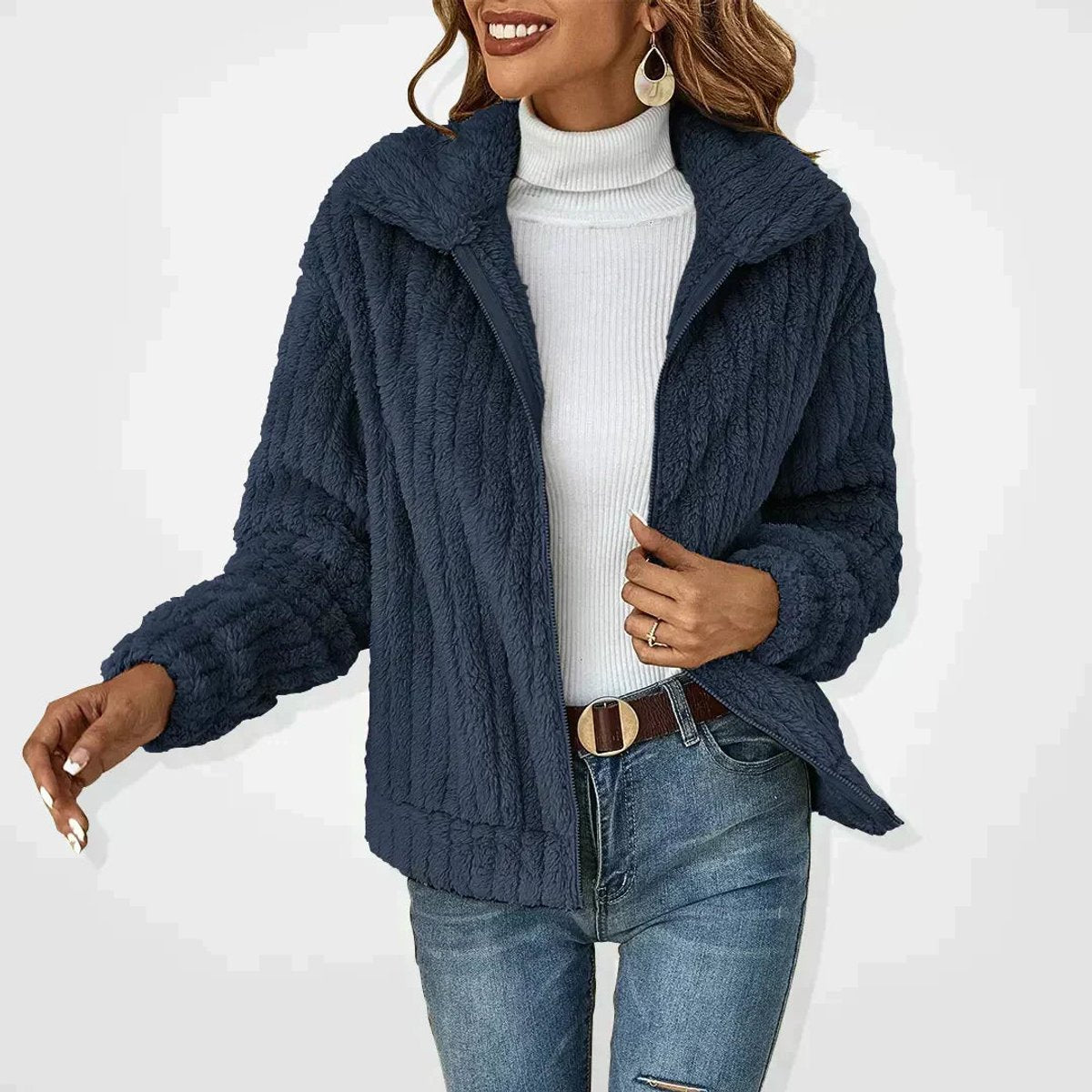 Chaqueta cárdigan de sherpa suave con cremallera para mujer corte oversized