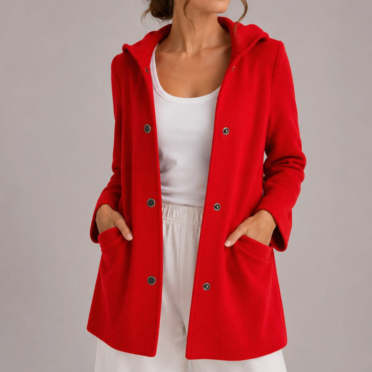 Chaqueta cárdigan holgada para mujer con capucha, botones y bolsillos